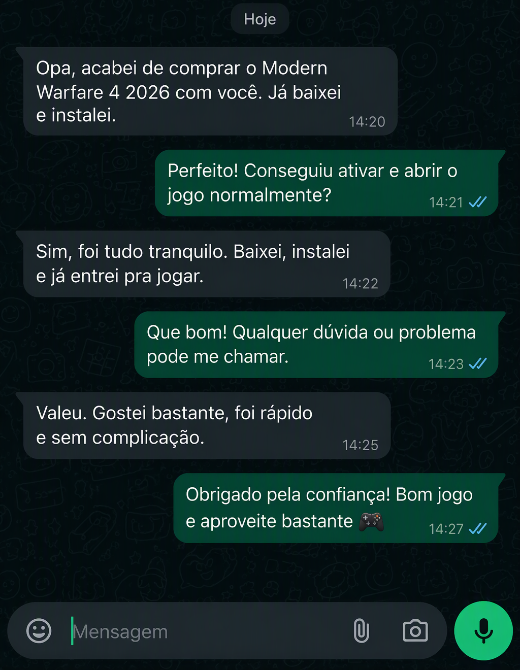 Conversa no WhatsApp em que o cliente confirma que baixou, instalou e está jogando